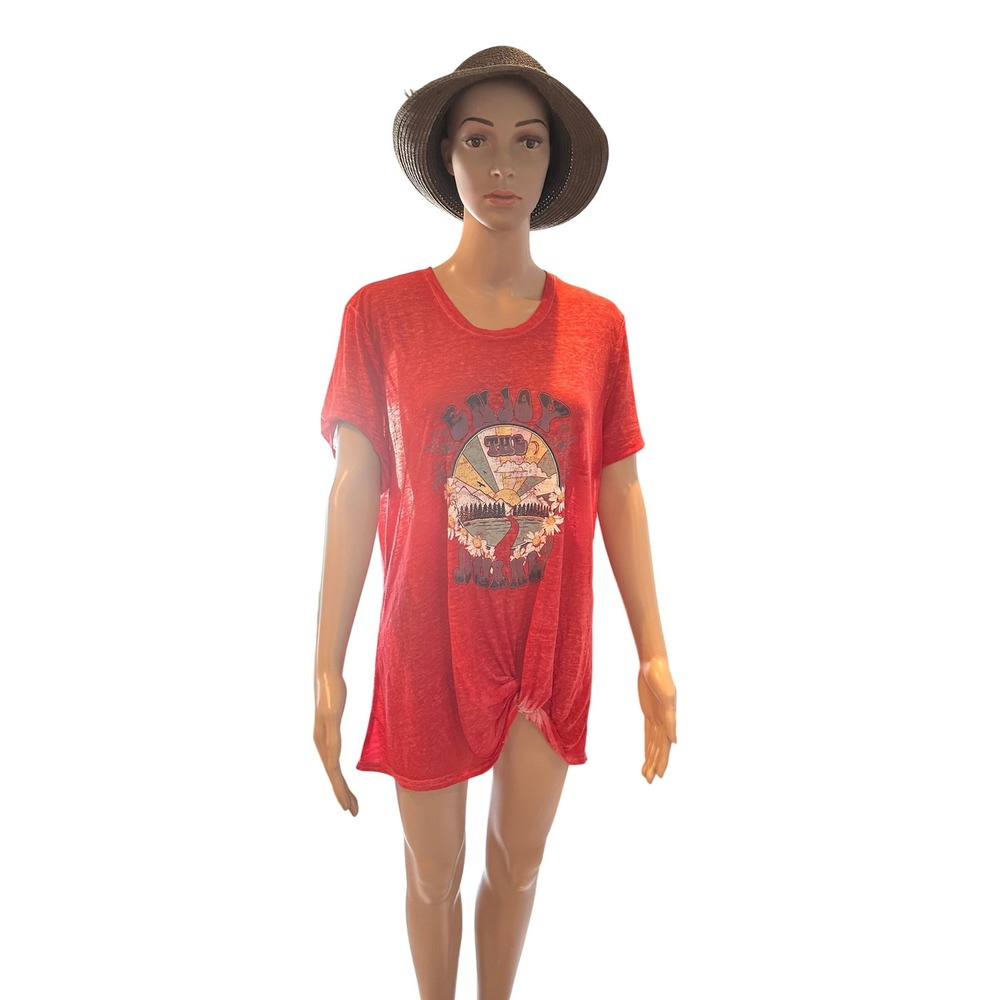 Joei & I Enjoy The Journey Red Graphic Knot‎ Front Burnout T-Shirt XL
